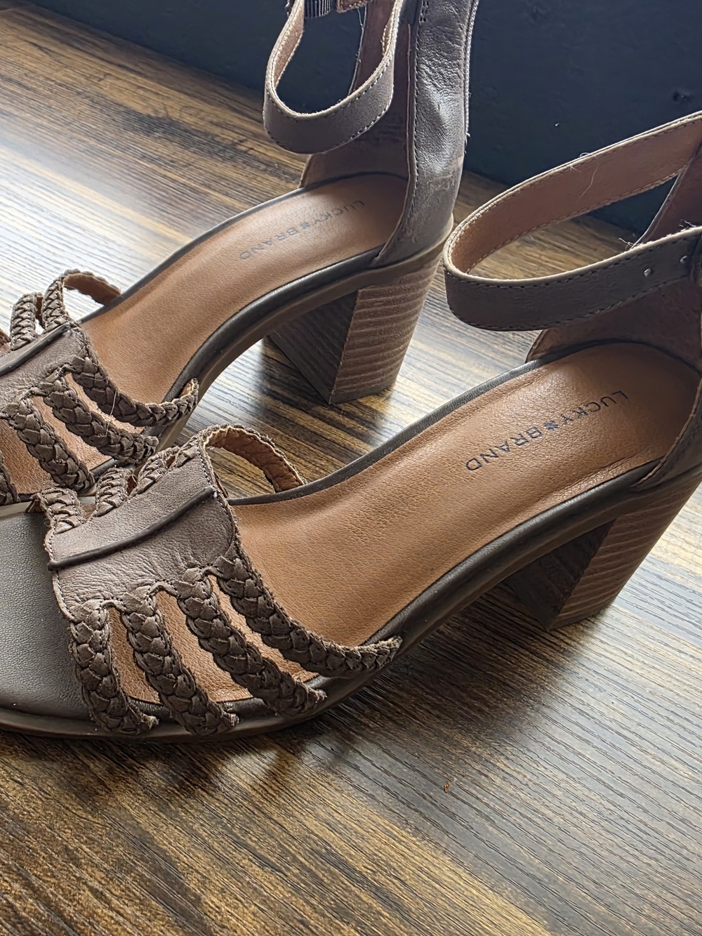 Lucky Brand Taupe Braided Block Heel Sandals